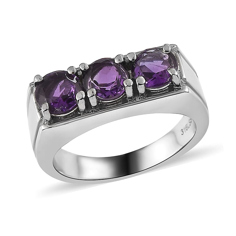 African Amethyst 2.25 ctw 3 Stone Men's Ring in Stainless Steel (Size 10.0)