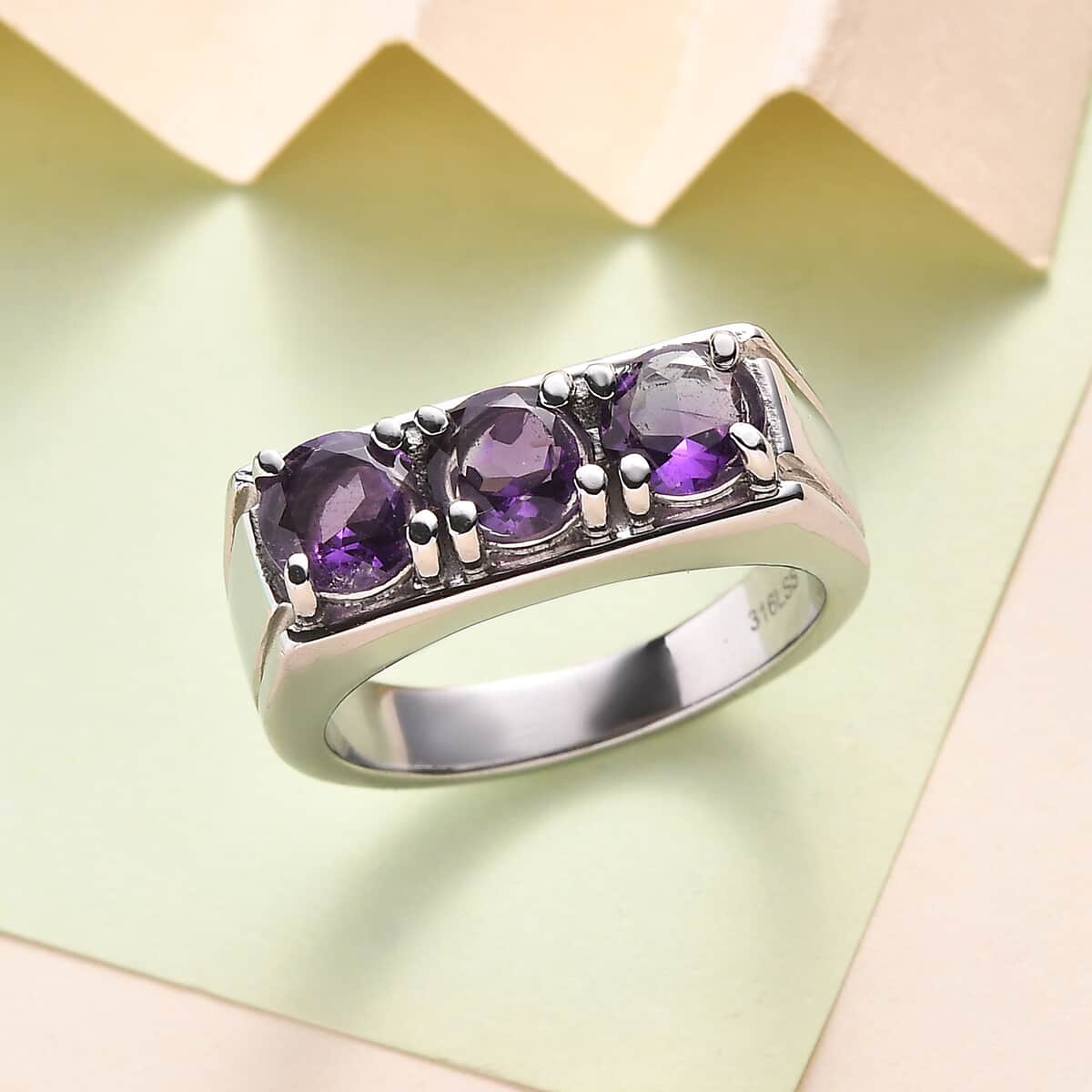 African Amethyst 3 Stone Men's Ring in Stainless Steel (Size 10.0) 2.25 ctw image number 1