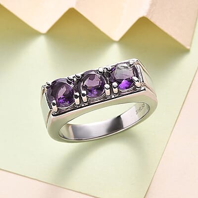 African Amethyst 2.25 ctw 3 Stone Men's Ring in Stainless Steel (Size 10.0)