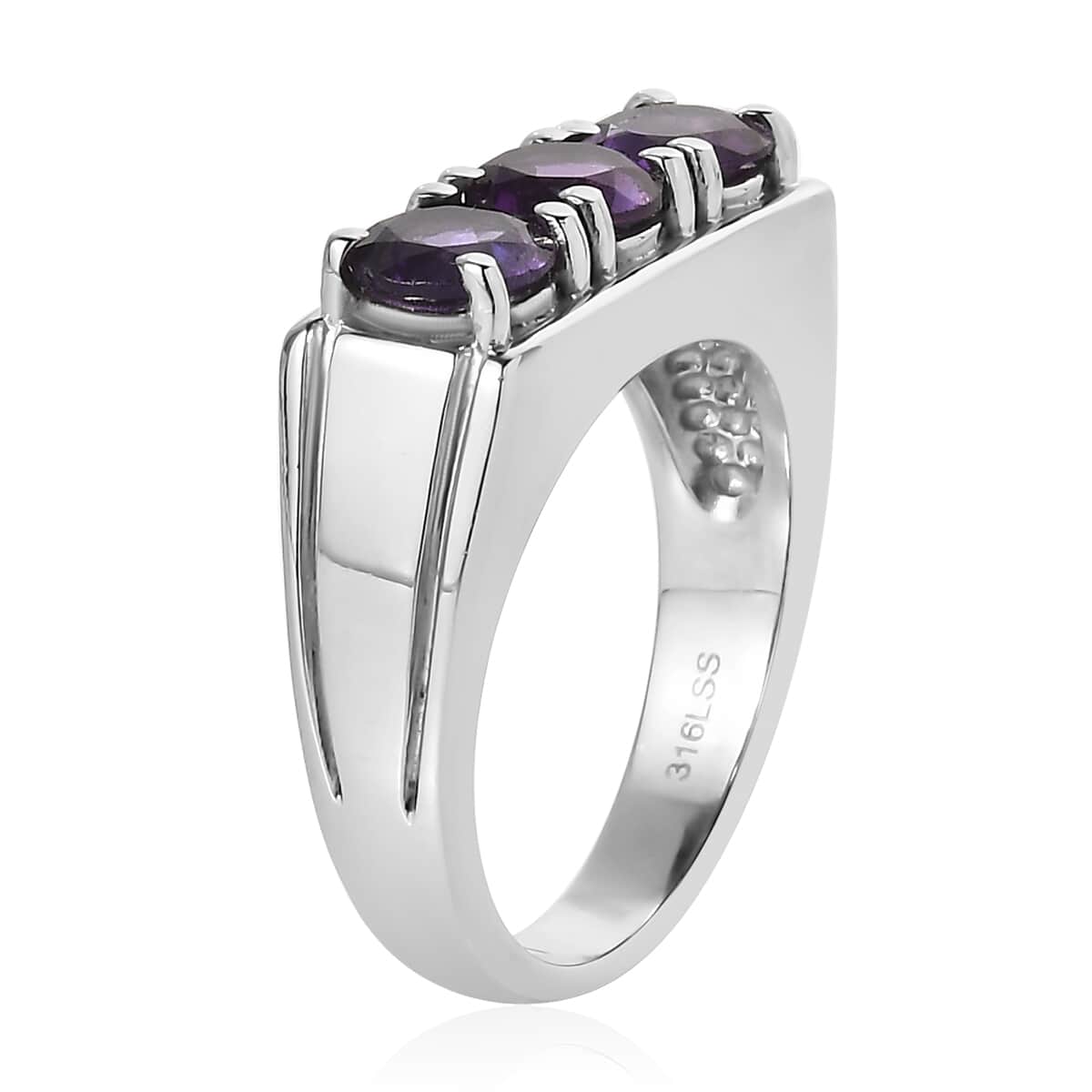 African Amethyst 3 Stone Men's Ring in Stainless Steel (Size 10.0) 2.25 ctw image number 3