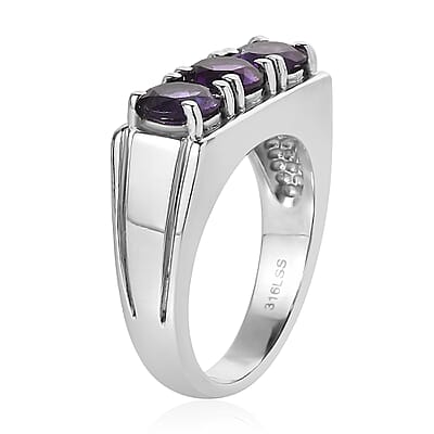 African Amethyst 2.25 ctw 3 Stone Men's Ring in Stainless Steel (Size 10.0)