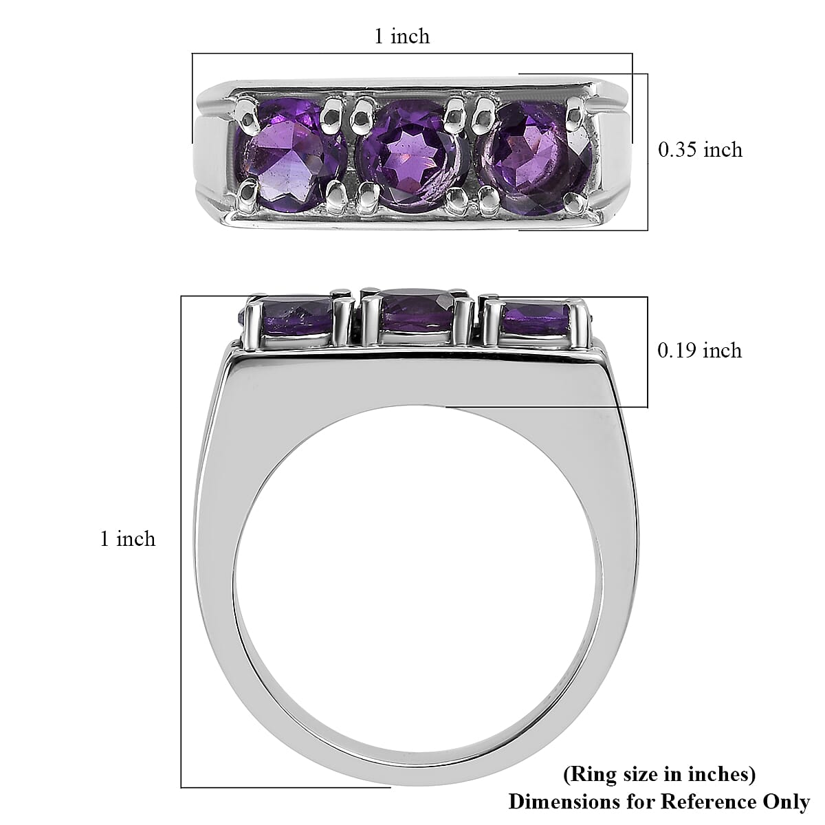 African Amethyst 2.25 ctw 3 Stone Men's Ring in Stainless Steel (Size 10.0)