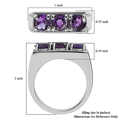African Amethyst 2.25 ctw 3 Stone Men's Ring in Stainless Steel (Size 10.0)