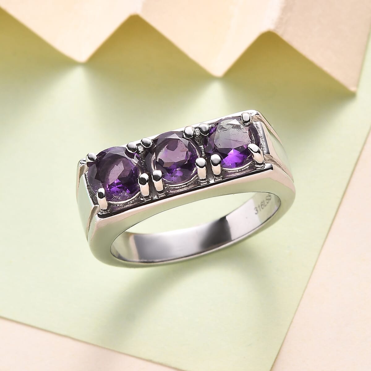 African Amethyst 2.25 ctw 3 Stone Men's Ring in Stainless Steel (Size 13.0)  image number 1