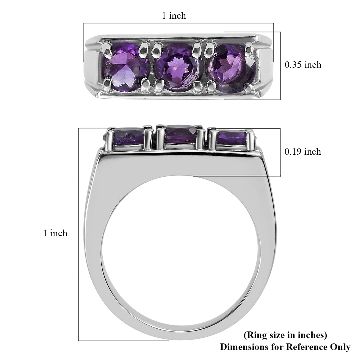 African Amethyst 2.25 ctw 3 Stone Men's Ring in Stainless Steel (Size 13.0)  image number 5