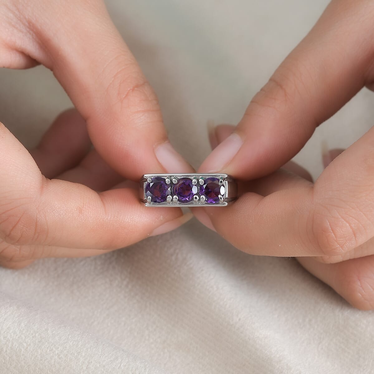 African Amethyst 2.25 ctw 3 Stone Men's Ring in Stainless Steel (Size 9.0)  image number 2