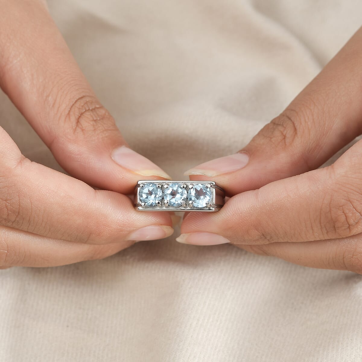 Sky Blue Topaz 2.90 ctw 3 Stone Men's Ring in Stainless Steel (Size 9.0)  image number 2