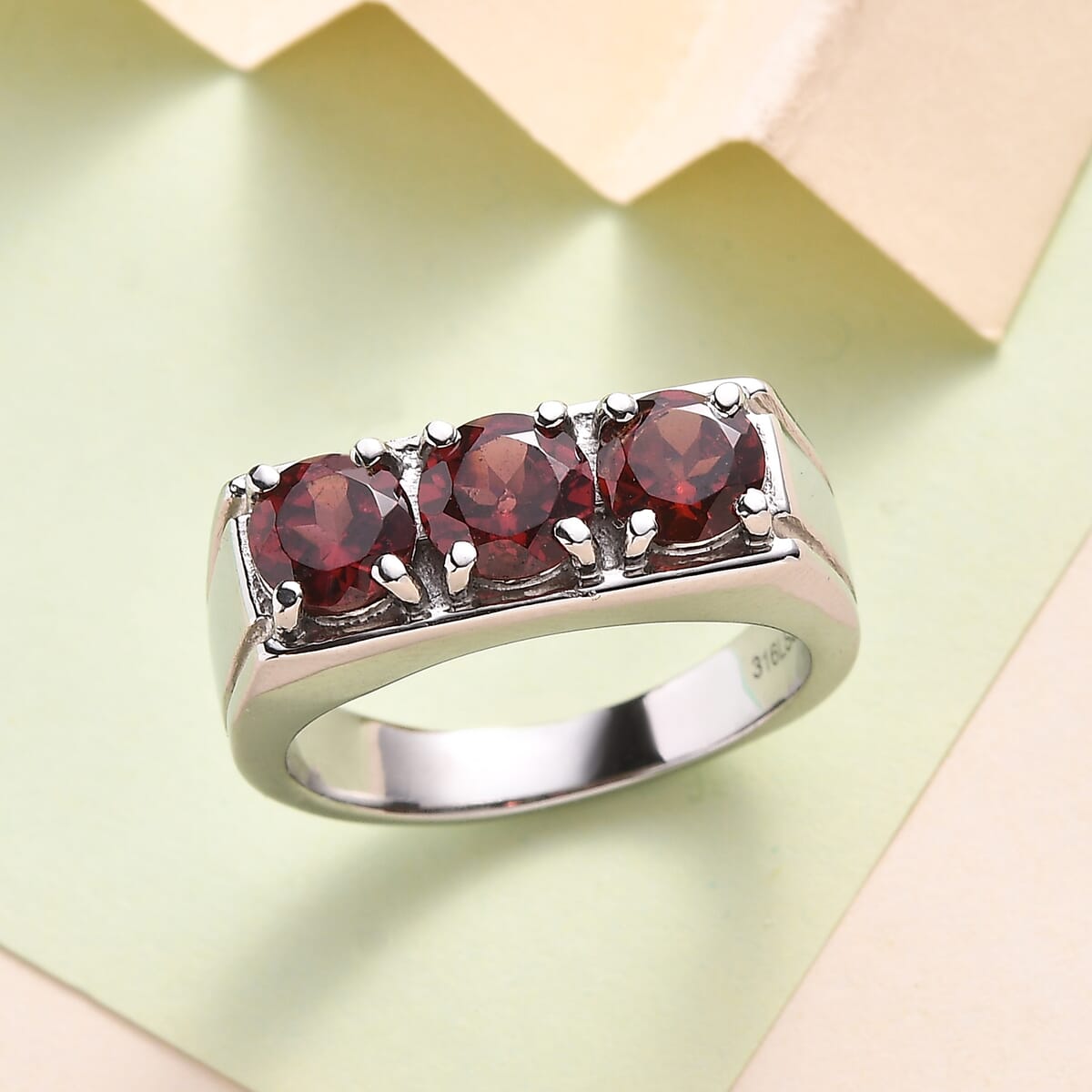 Mozambique Garnet 3.25 ctw 3 Stone Men's Ring in Stainless Steel (Size 10.0) image number 1