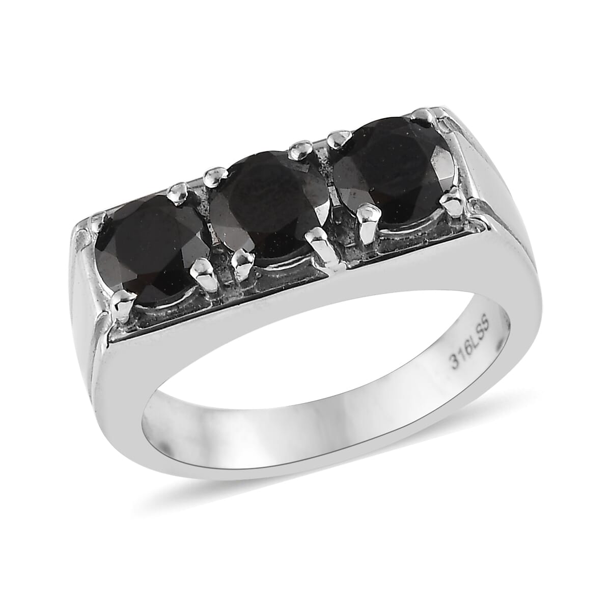 Thai Black Spinel 3.10 ctw 3 Stone Men's Ring in Stainless Steel (Size 10.0)  image number 0