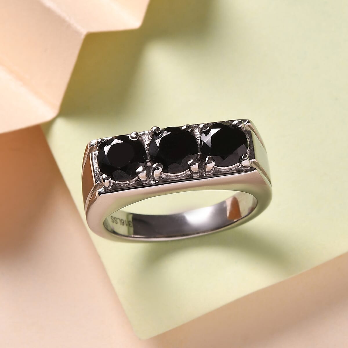 Thai Black Spinel 3.10 ctw 3 Stone Men's Ring in Stainless Steel (Size 10.0)  image number 1
