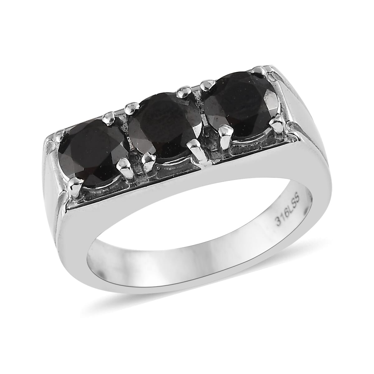 Thai Black Spinel 3.10 ctw 3 Stone Men's Ring in Stainless Steel (Size 9.0)  image number 0