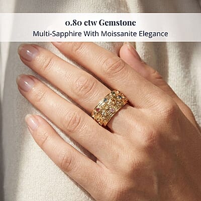 Clarte Sea Star Collection Multi Sapphire and Moissanite Ring in Vermeil Yellow Gold Over Sterling Silver (Size 10.0) 0.80 ctw