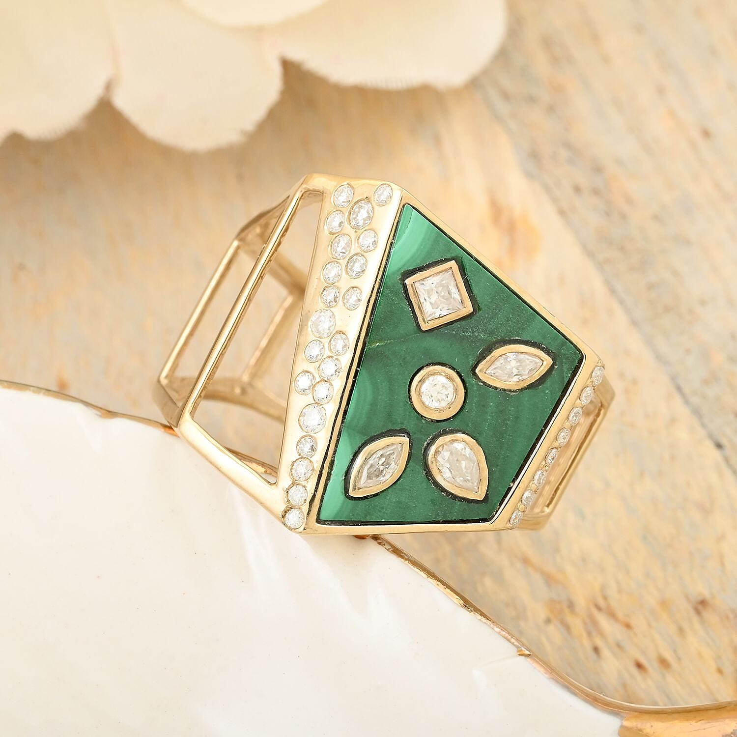 Clarte Geode Collection Malachite and Moissanite Ring in Vermeil Yellow Gold Over Sterling Silver (Size 10.0) 3.50 ctw