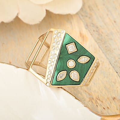 Clarte Geode Collection Malachite and Moissanite Ring in Vermeil Yellow Gold Over Sterling Silver (Size 10.0) 3.50 ctw