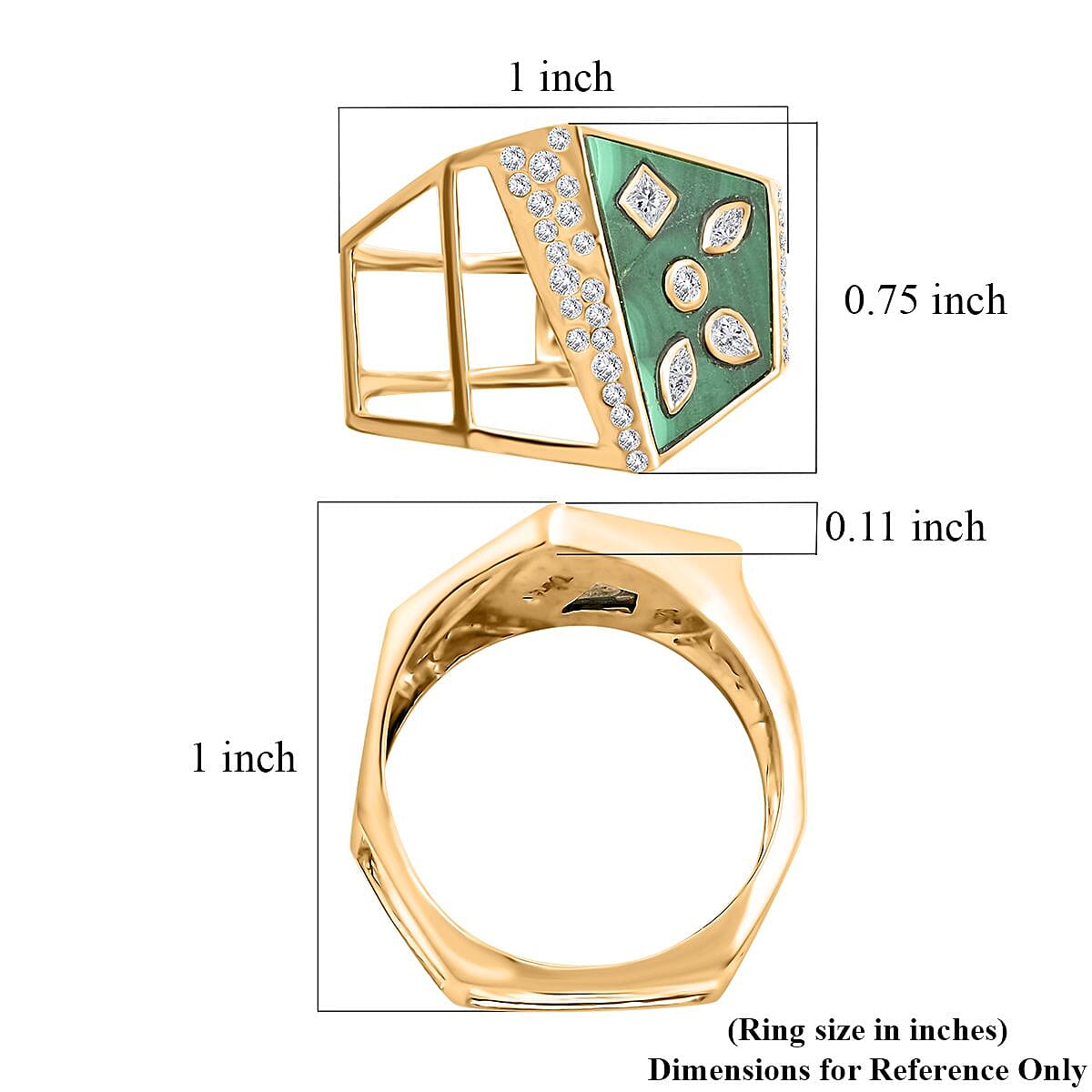 Clarte Geode Collection Malachite and Moissanite Ring in Vermeil Yellow Gold Over Sterling Silver (Size 10.0) 3.50 ctw