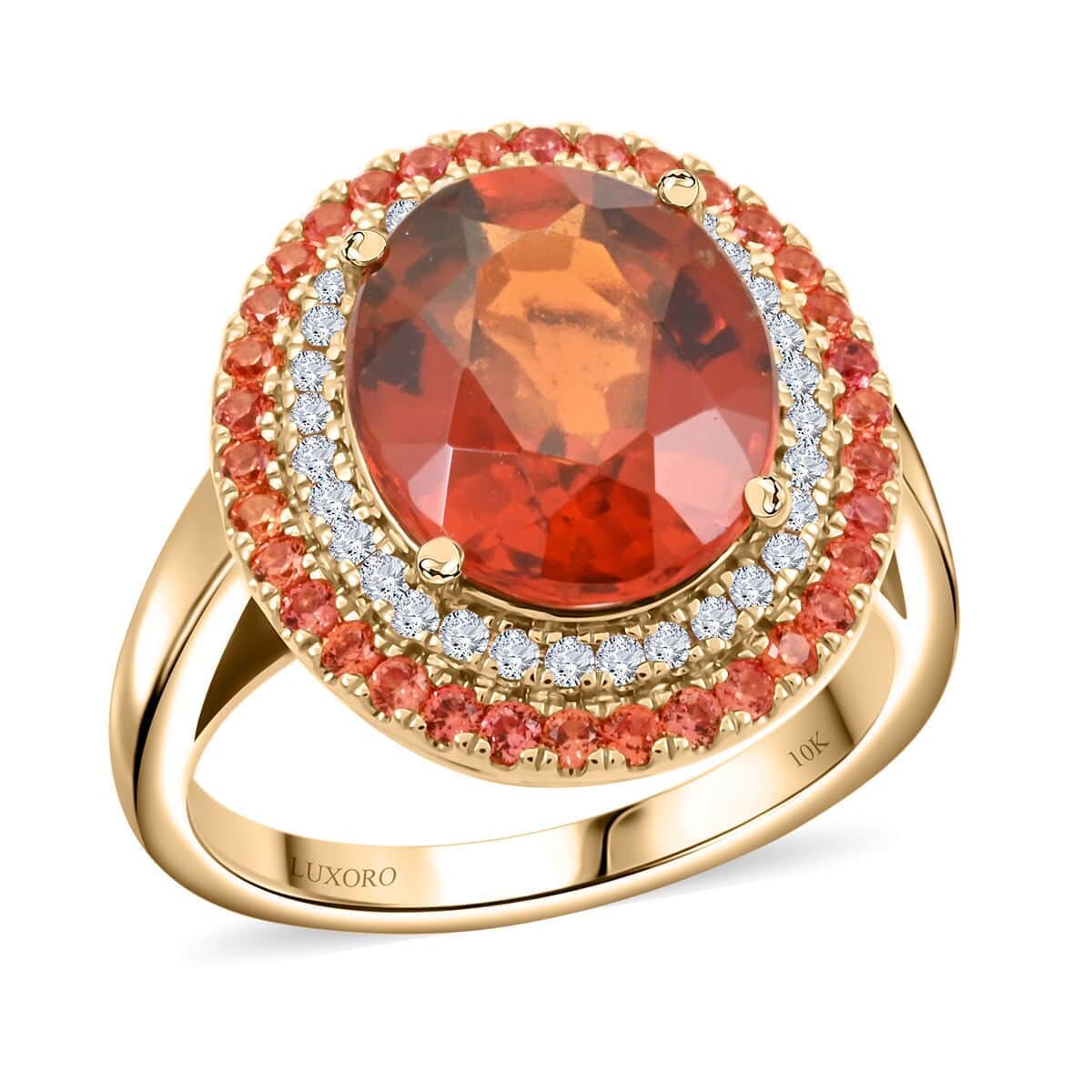 Certified & Appraised Luxoro 10K Yellow Gold AAA Tanzanian Sunlit Garnet, Padparadscha Sapphire, Diamond (I2) (0.19 cts) Ring (Size 10.0) (5.10 g) 6.25 ctw image number 0