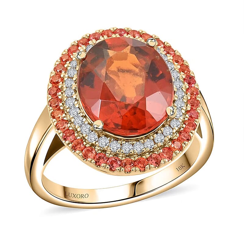Certified & Appraised Luxoro AAA Ceylon Hessonite Garnet, Padparadscha Sapphire and I2 Diamond 6.25 ctw Ring in 10K Yellow Gold (Size 10.0) 5.10 Grams