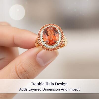 Certified & Appraised Luxoro AAA Ceylon Hessonite Garnet, Padparadscha Sapphire and I2 Diamond 6.25 ctw Ring in 10K Yellow Gold (Size 10.0) 5.10 Grams