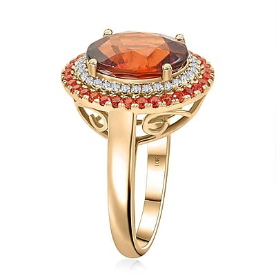 Certified & Appraised Luxoro AAA Ceylon Hessonite Garnet, Padparadscha Sapphire and I2 Diamond 6.25 ctw Ring in 10K Yellow Gold (Size 10.0) 5.10 Grams
