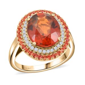 Certified & Appraised Luxoro AAA Ceylon Hessonite Garnet, Padparadscha Sapphire and I2 Diamond 6.25 ctw Ring in 10K Yellow Gold (Size 6.0) 5.10 Grams