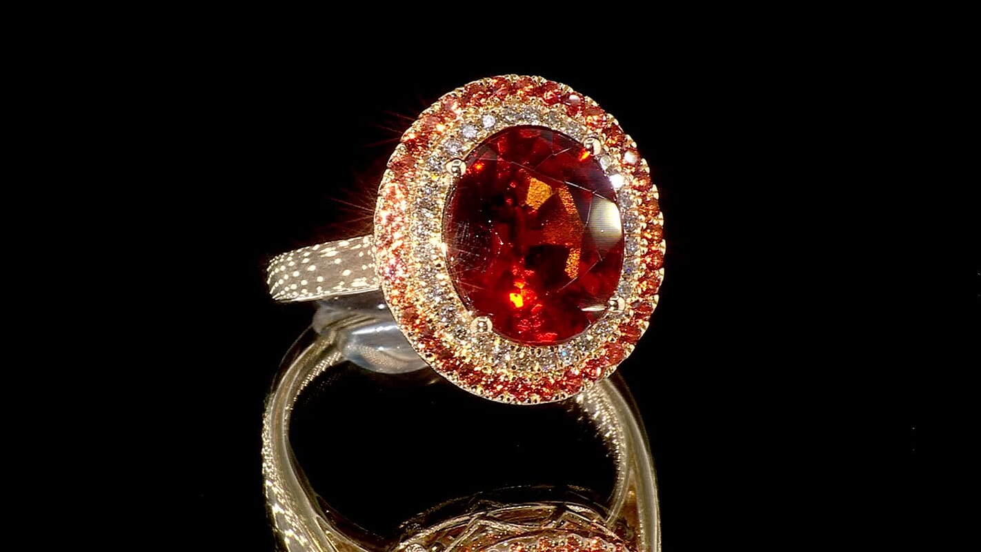 Certified & Appraised Luxoro 10K Yellow Gold AAA Tanzanian Sunlit Garnet, Padparadscha Sapphire, Diamond (I2) (0.19 cts) Ring (Size 10.0) (5.10 g) 6.25 ctw