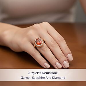 Certified & Appraised Luxoro AAA Tanzanian Sunlit Garnet, Padparadscha Sapphire and I2 Diamond 6.25 ctw Ring in 10K Yellow Gold (Size 8.5) 5.10 Grams