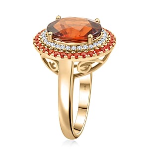 Certified & Appraised Luxoro AAA Tanzanian Sunlit Garnet, Padparadscha Sapphire and I2 Diamond 6.25 ctw Ring in 10K Yellow Gold (Size 9.0) 5.10 Grams