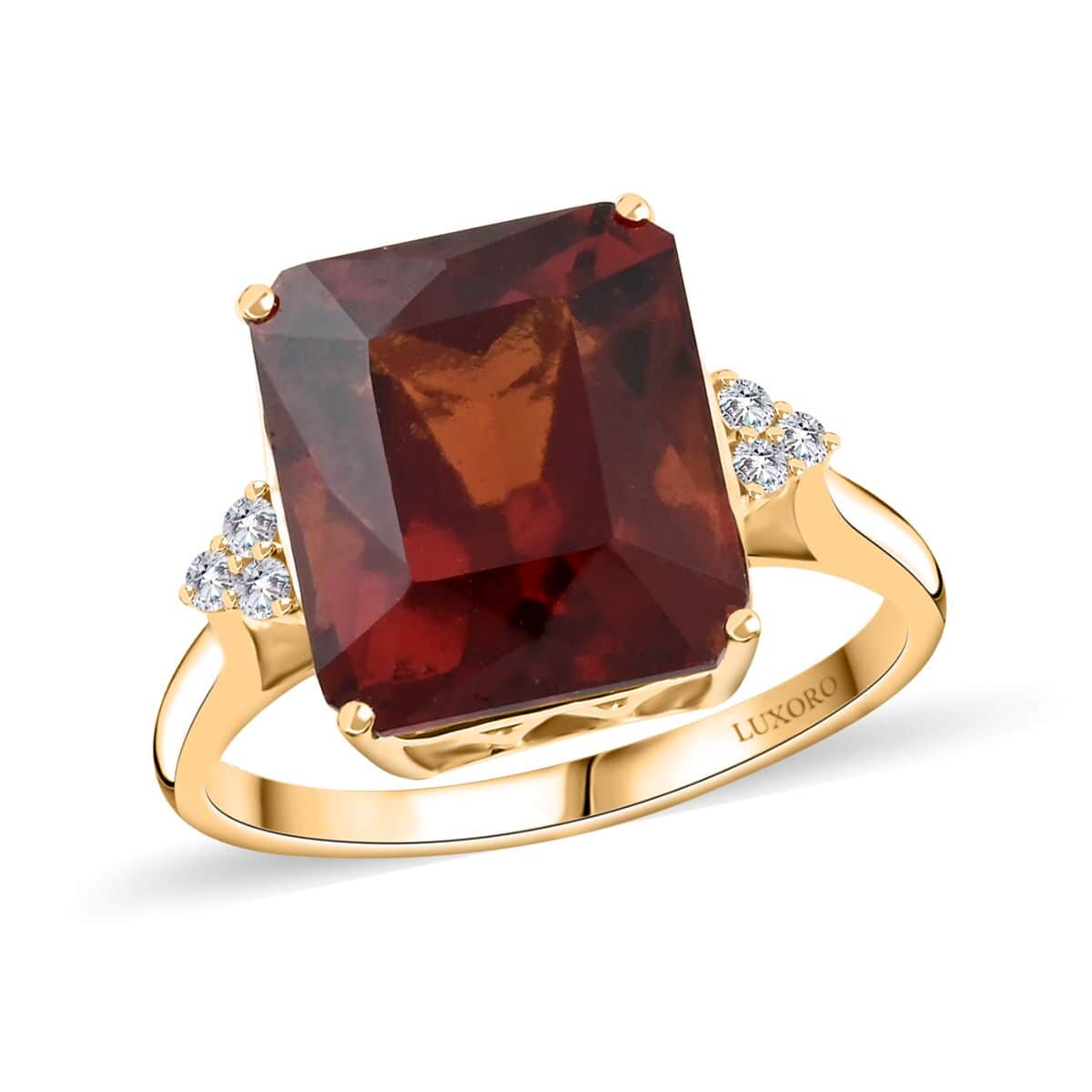 Certified & Appraised Luxoro AAA Tanzanian Sunlit Garnet and I2 Diamond 12.20 ctw Ring in 10K Yellow Gold (Size 7.0) 4.15 Grams image number 0