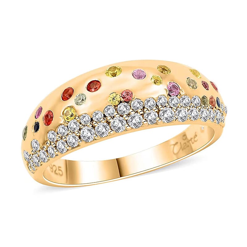 Clarte Sul Mare Collection Multi Sapphire and Moissanite Ring in Vermeil YG Over Sterling Silver (Size 10.0) 0.80 ctw
