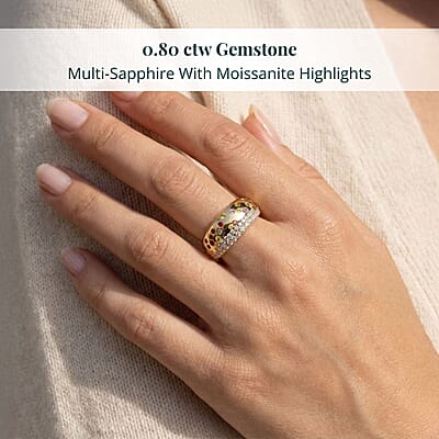 Clarte Sul Mare Collection Multi Sapphire and Moissanite Ring in Vermeil YG Over Sterling Silver (Size 10.0) 0.80 ctw