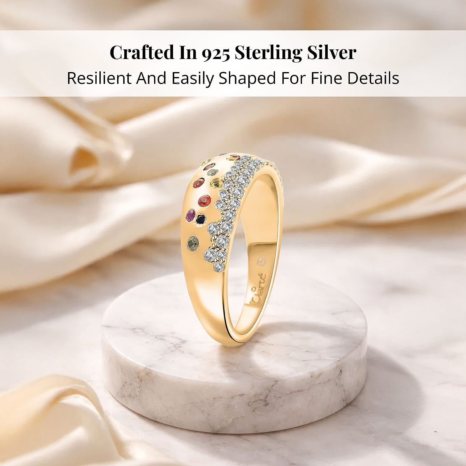 Clarte Sul Mare Collection Multi Sapphire and Moissanite Ring in Vermeil YG Over Sterling Silver (Size 10.0) 0.80 ctw