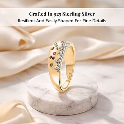 Clarte Sul Mare Collection Multi Sapphire and Moissanite Ring in Vermeil YG Over Sterling Silver (Size 10.0) 0.80 ctw