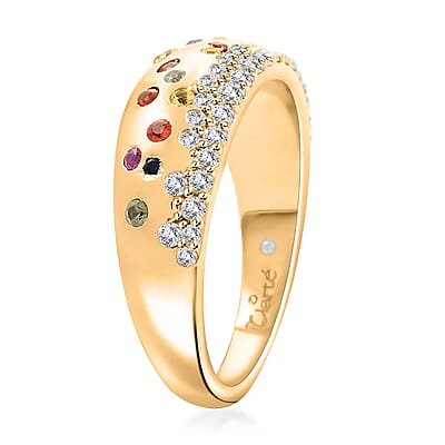 Clarte Sul Mare Collection Multi Sapphire and Moissanite Ring in Vermeil YG Over Sterling Silver (Size 10.0) 0.80 ctw