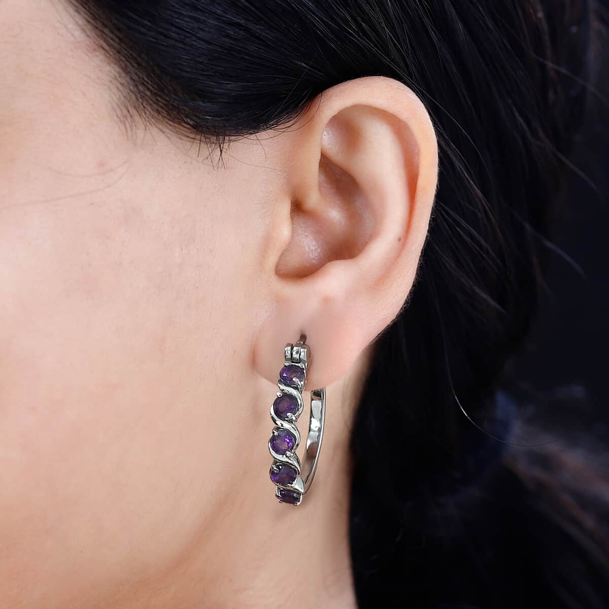 African Amethyst 2.10 ctw Hoop Earrings in Stainless Steel  image number 2