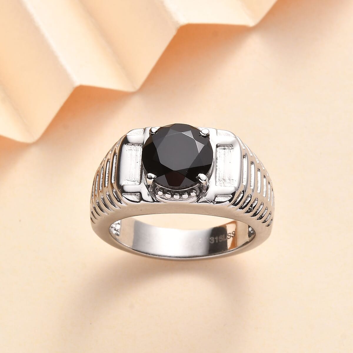 Thai Black Spinel 3.20 ctw Men's Ring in Stainless Steel (Size 14.0) image number 1