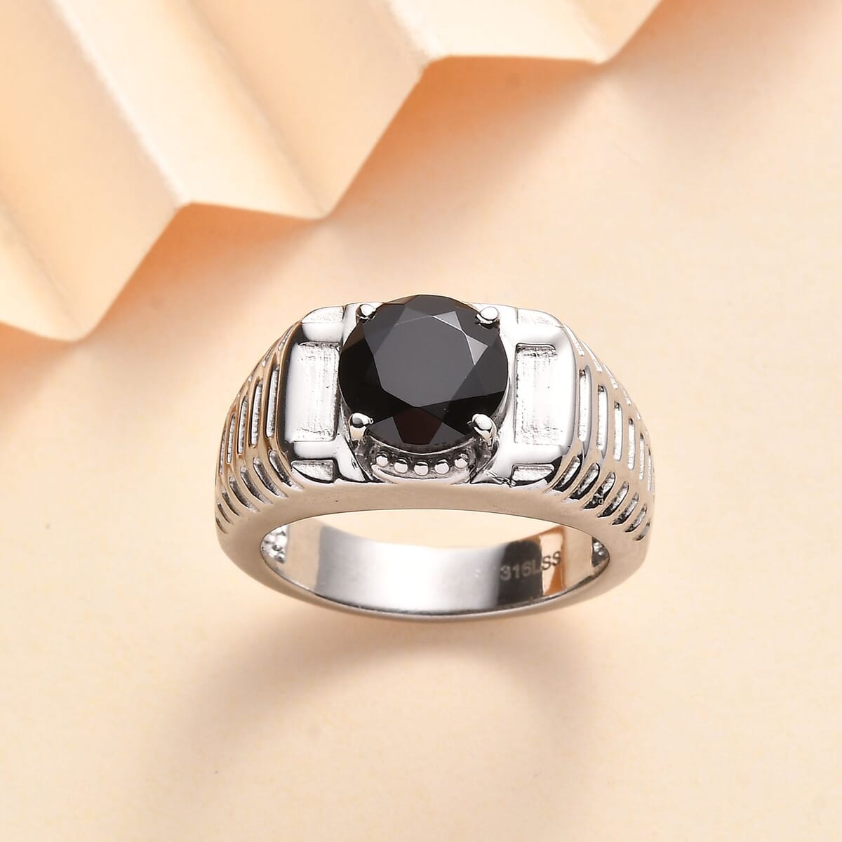 Thai Black Spinel 3.20 ctw Men's Ring in Stainless Steel (Size 9.0) image number 1