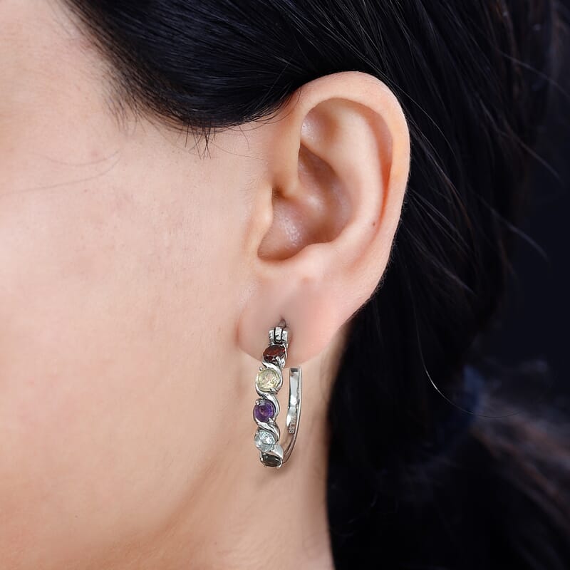 Multi Gemstone 2.80 ctw Hoop Earrings in Stainless Steel