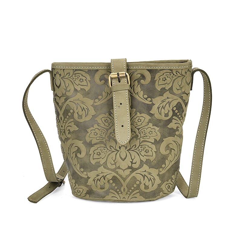 Italy Retro Noble Collection Green Color Floral Embossed Genuine Leather Tote Bag With Handle Drop and Shoulder Strap