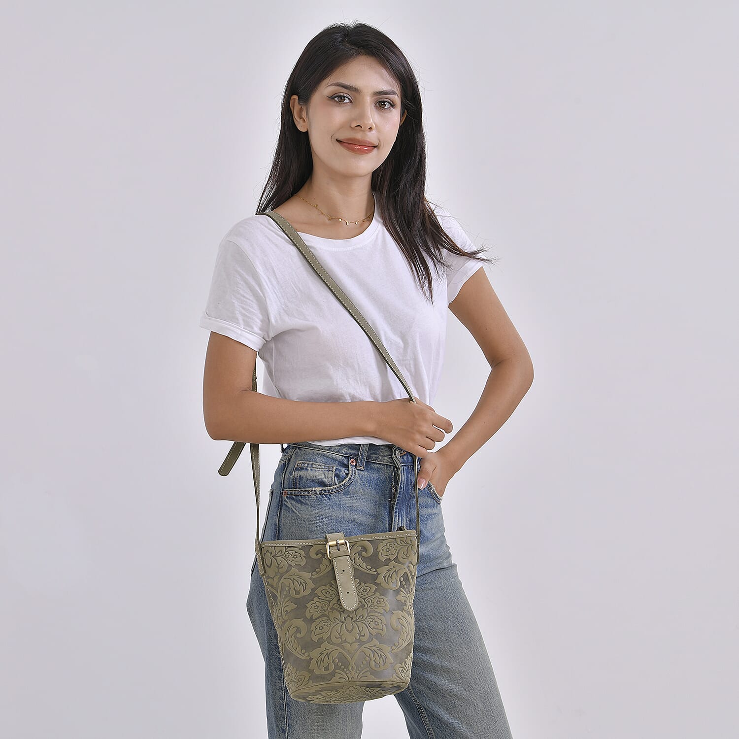 Italy Retro Noble Collection Green Color Floral Embossed Genuine Leather Tote Bag With Handle Drop and Shoulder Strap