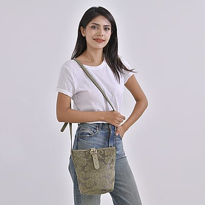Italy Retro Noble Collection Green Color Floral Embossed Genuine Leather Tote Bag With Handle Drop and Shoulder Strap