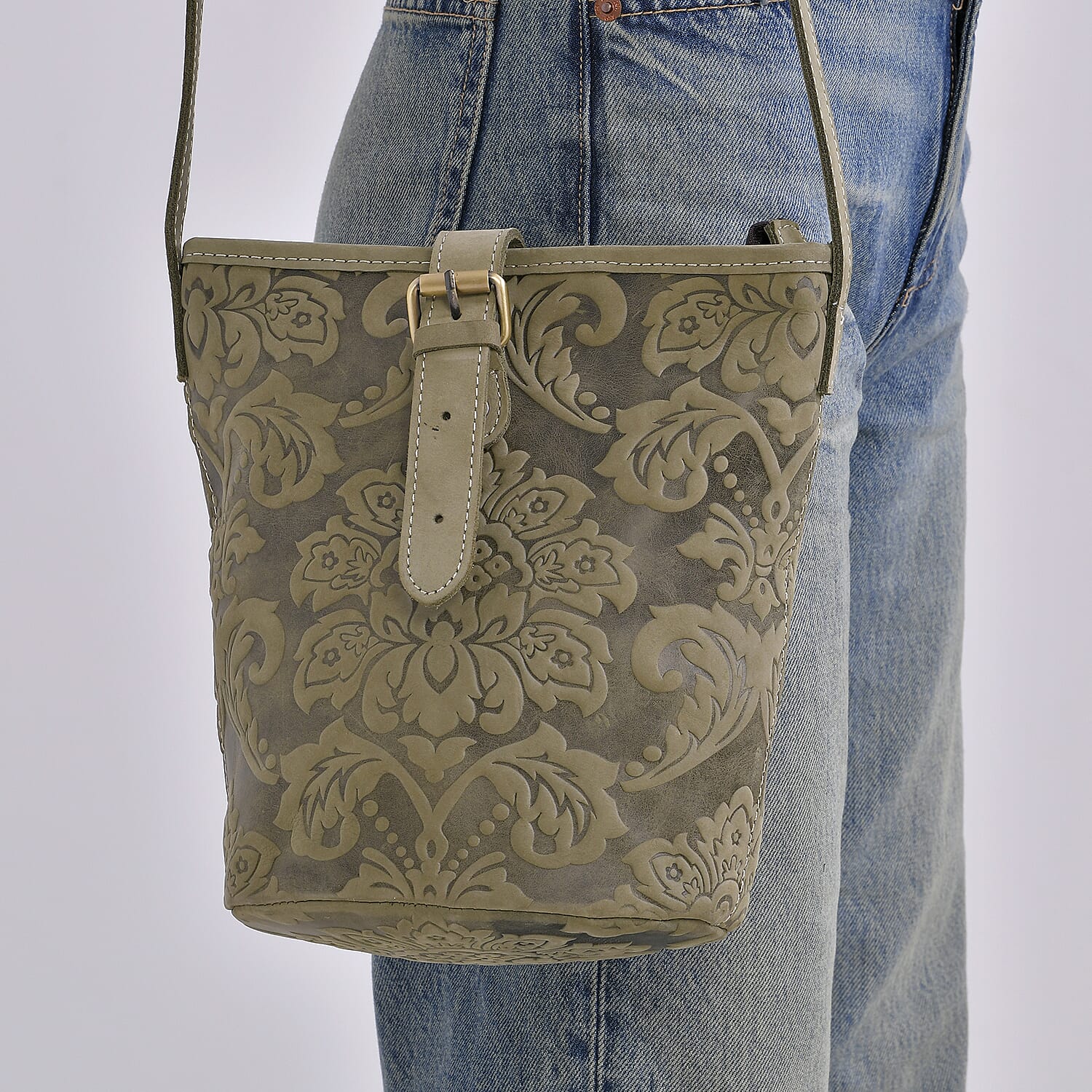 Italy Retro Noble Collection Green Color Floral Embossed Genuine Leather Tote Bag With Handle Drop and Shoulder Strap