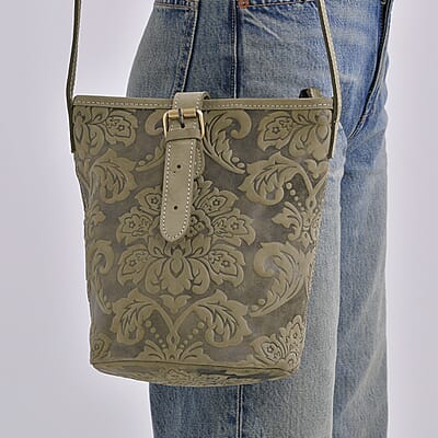 Italy Retro Noble Collection Green Color Floral Embossed Genuine Leather Tote Bag With Handle Drop and Shoulder Strap