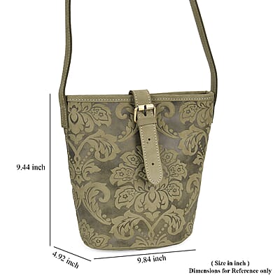 Italy Retro Noble Collection Green Color Floral Embossed Genuine Leather Tote Bag With Handle Drop and Shoulder Strap