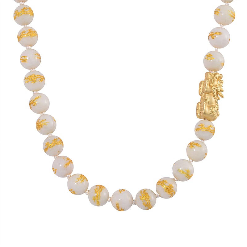 Natural Jade 620.00 ctw Dragon Carved and Pixiu Necklace in 14K Yellow Gold Over Sterling Silver 20 Inches
