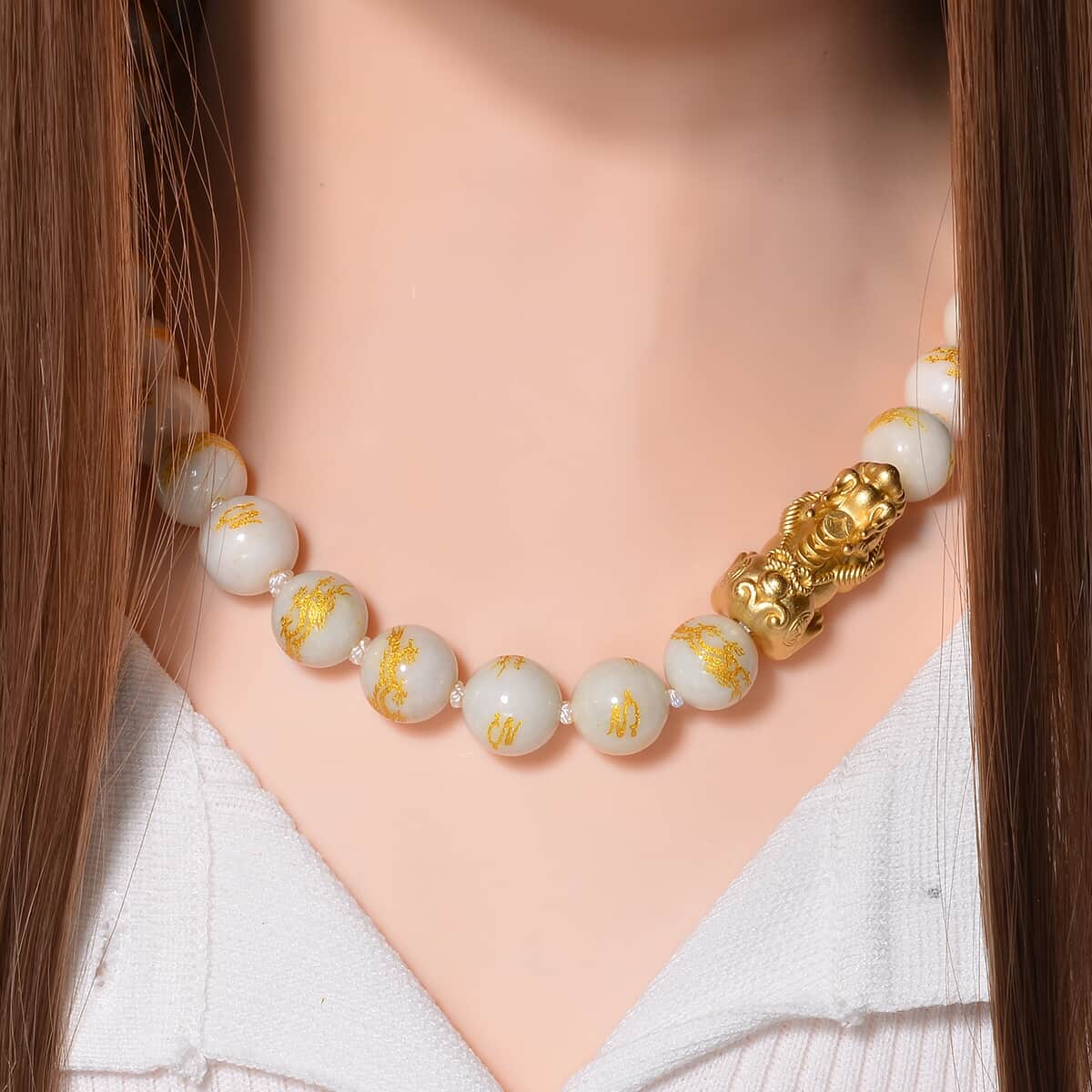 Natural Jade 620.00 ctw Dragon Carved and Pixiu Necklace in 14K Yellow Gold Over Sterling Silver 20 Inches image number 1