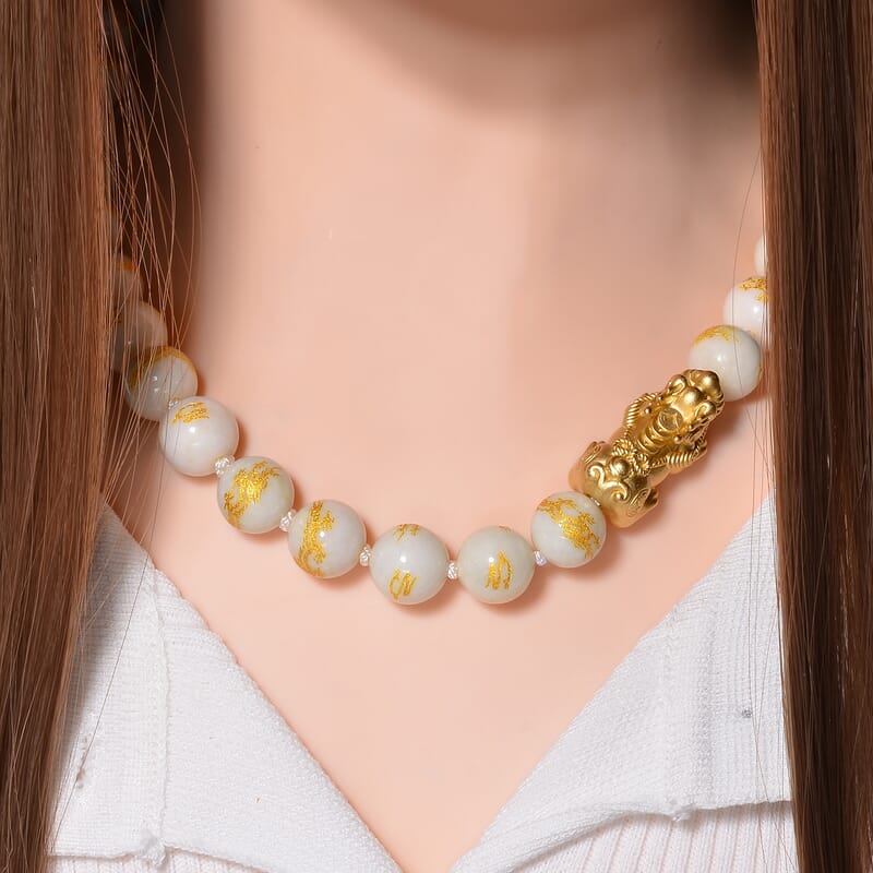 Natural Jade 620.00 ctw Dragon Carved and Pixiu Necklace in 14K Yellow Gold Over Sterling Silver 20 Inches