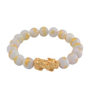 Natural Jade 150.00 ctw Dragon Carved and Pixiu Stretch Bracelet in 14K YG Over Sterling Silver