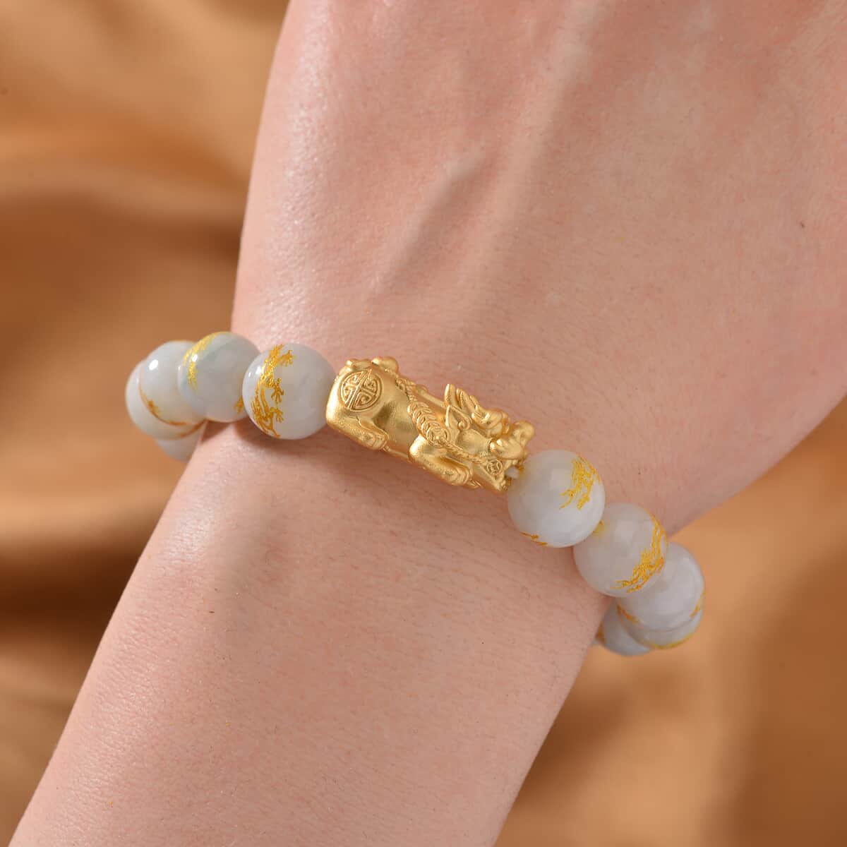 Natural Jade 150.00 ctw Dragon Carved and Pixiu Stretch Bracelet in 14K YG Over Sterling Silver image number 1