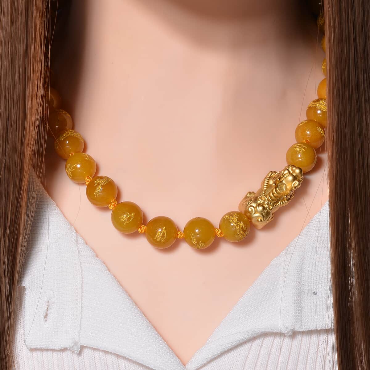 Honey Jade (D) Dragon Carved Beaded 620.00 ctw Pixiu Necklace 20 Inches in 14K Yellow Gold Over Sterling Silver image number 1