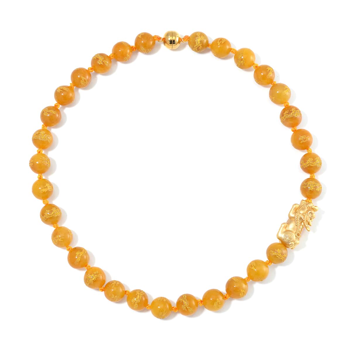 Honey Jade (D) Dragon Carved Beaded 620.00 ctw Pixiu Necklace 20 Inches in 14K Yellow Gold Over Sterling Silver image number 2